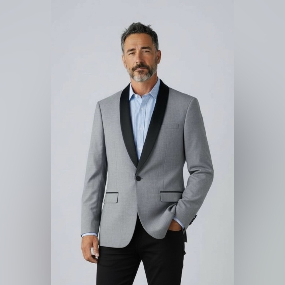 VITARELLI Tuxedo Jacket One 1 Button Modern Fit Grey w/ Black Satin Collar